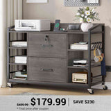 SEDETA 44 Inch 2 Drawer File Cabinet Filing Cabinet with Power Strip Lock 6 Storage Shelves