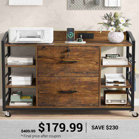 SEDETA 44 Inch 2 Drawer File Cabinet Filing Cabinet with Power Strip Lock 6 Storage Shelves