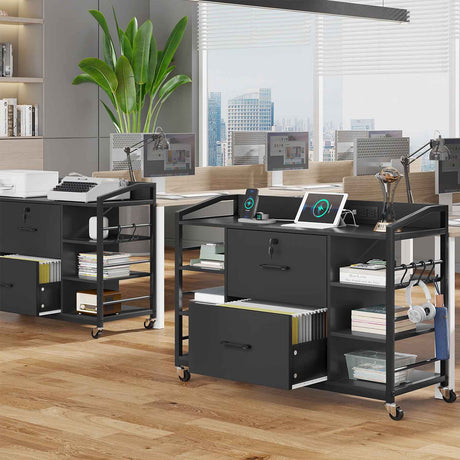 SEDETA - 44 Inch 2 Drawer File Cabinets with Power Strip Lock 6 Storage Shelves for Home Office