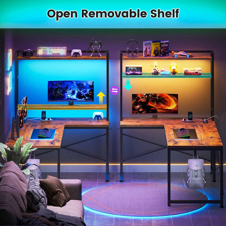 SEDETA | 45.3 Inch LED Gaming Desk L Shaped Corner Computer Desk with Storage Shelves