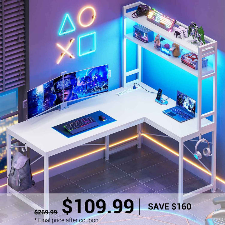 SEDETA | 45.3 Inch LED Gaming Desk L Shaped Corner Computer Desk with Storage Shelves