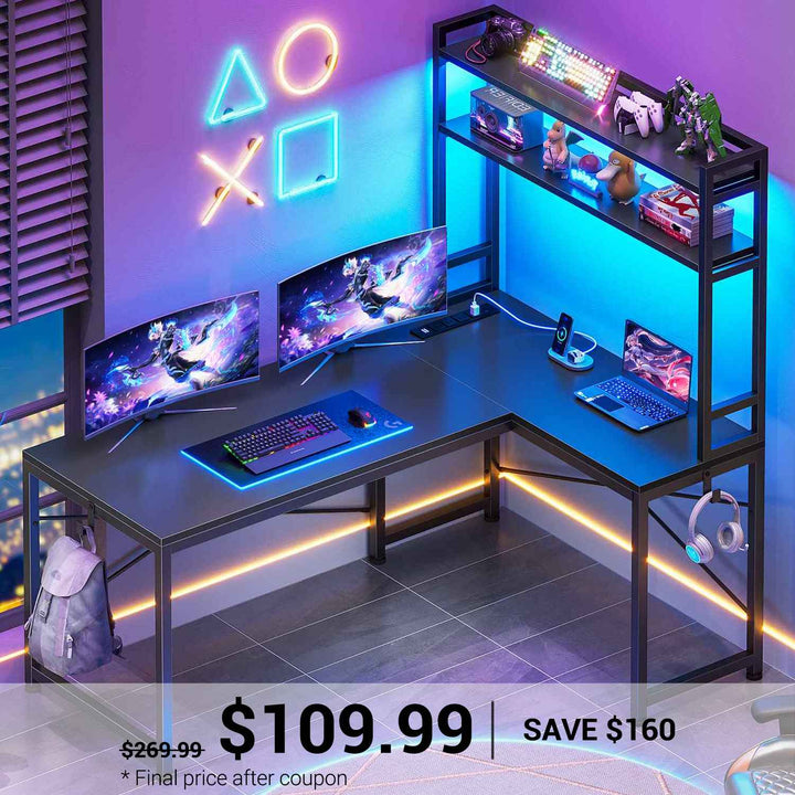 SEDETA | 45.3 Inch LED Gaming Desk L Shaped Corner Computer Desk with Storage Shelves