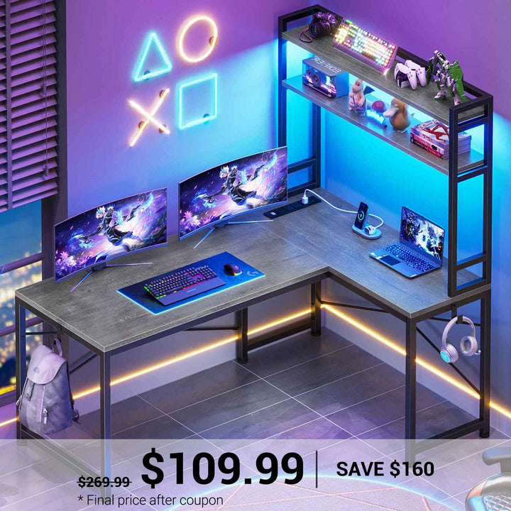 SEDETA | 45.3 Inch LED Gaming Desk L Shaped Corner Computer Desk with Storage Shelves