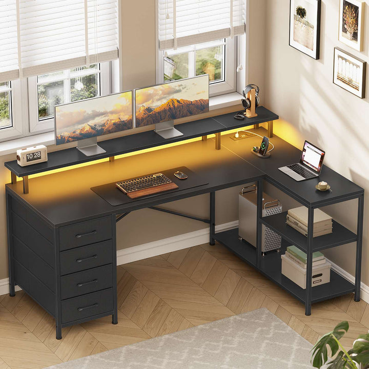 SEDETA 47.2 Inch L Shaped Desk with 4 Drawers and Storage Shelves L Shaped Gaming Desk with LED Lights Power Outlets