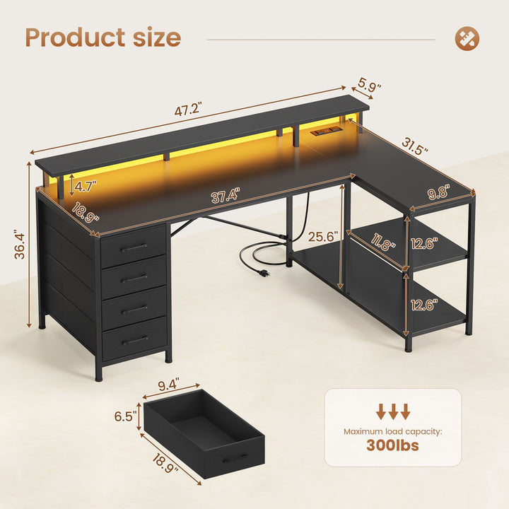 SEDETA 47.2 Inch L Shaped Desk with 4 Drawers and Storage Shelves L Shaped Gaming Desk with LED Lights Power Outlets