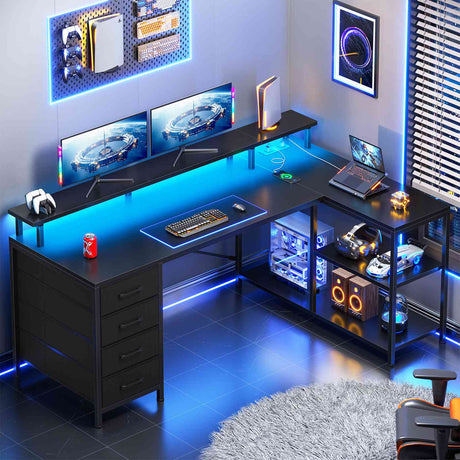 SEDETA 47.2 Inch L Shaped Desk with 4 Drawers and Storage Shelves L Shaped Gaming Desk with LED Lights Power Outlets