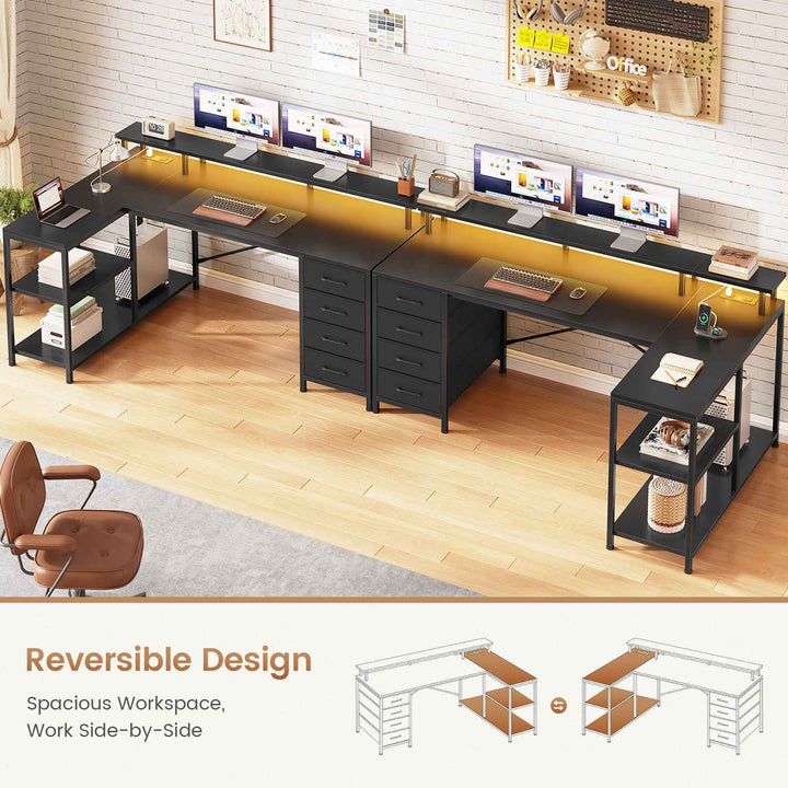 SEDETA 47.2 Inch L Shaped Desk with 4 Drawers and Storage Shelves L Shaped Gaming Desk with LED Lights Power Outlets