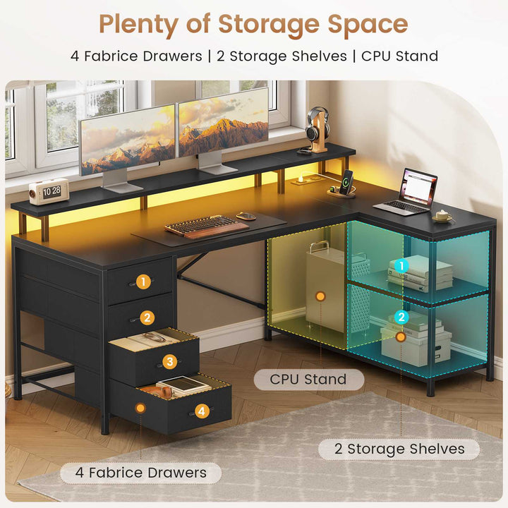 SEDETA 47.2 Inch L Shaped Desk with 4 Drawers and Storage Shelves L Shaped Gaming Desk with LED Lights Power Outlets