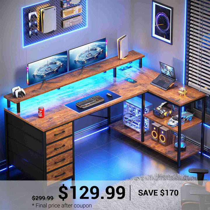 SEDETA 47.2 Inch L Shaped Desk with 4 Drawers and Storage Shelves L Shaped Gaming Desk with LED Lights Power Outlets
