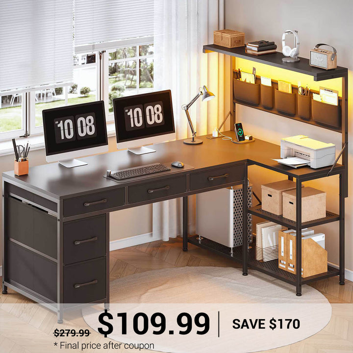 SEDETA | 47.2 Inch LED Gaming Desk Reversible L Shaped Computer Desk with Drawers Storage Shelves and Power Outlet