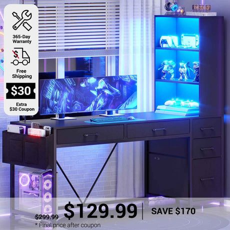 67-Inch L-Shaped Gaming Desk With File Drawer & LED Lights – Home Office Computer Desk, Rustic Brown