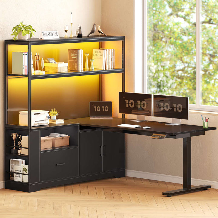 SEDETA | 48.6 Inch L Shaped Standing Desk Computer Desk Height Adjustable Electric Corner Gaming Desks with Power Outlets LED Lights