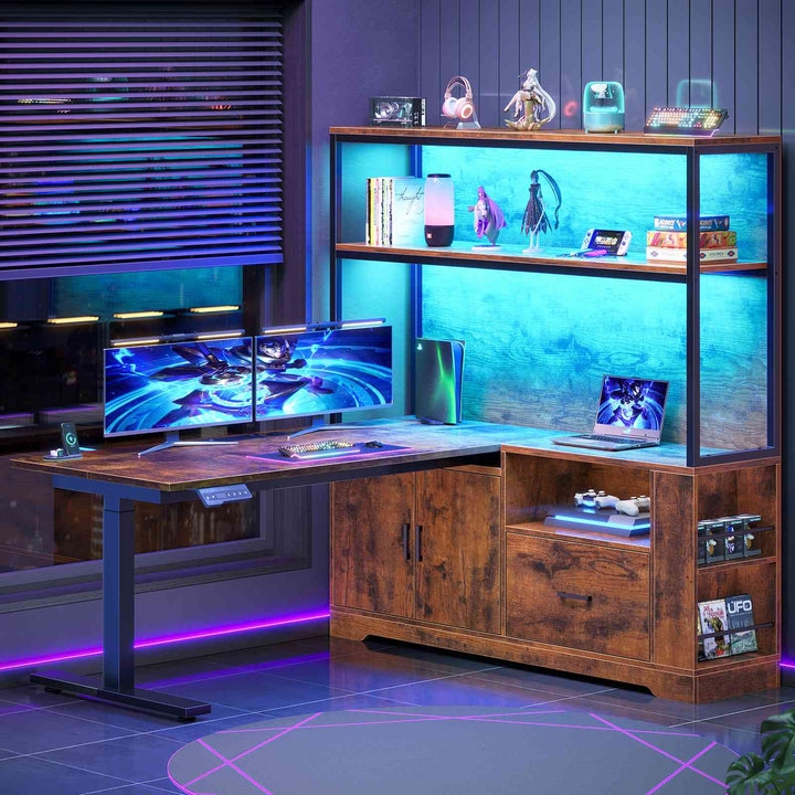 SEDETA | 48.6 Inch L Shaped Standing Desk Computer Desk Height Adjustable Electric Corner Gaming Desks with Power Outlets LED Lights