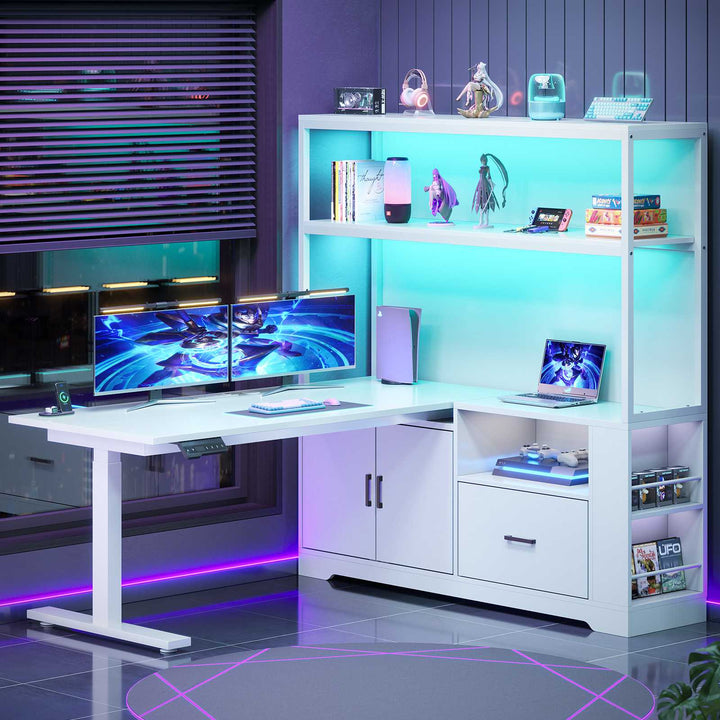 SEDETA | 48.6 Inch L Shaped Standing Desk Computer Desk Height Adjustable Electric Corner Gaming Desks with Power Outlets LED Lights