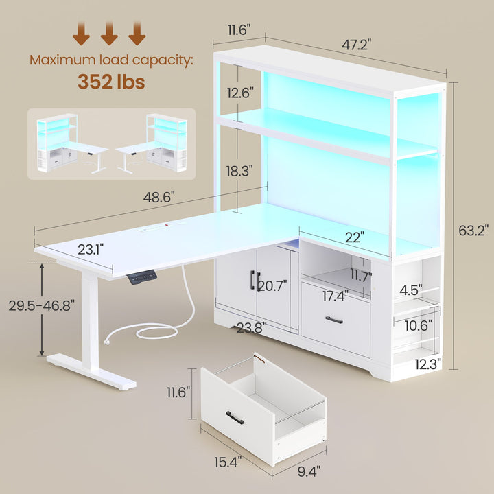 SEDETA | 48.6 Inch L Shaped Standing Desk Computer Desk Height Adjustable Electric Corner Gaming Desks with Power Outlets LED Lights