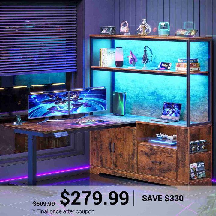 SEDETA | 48.6 Inch L Shaped Standing Desk Computer Desk Height Adjustable Electric Corner Gaming Desks with Power Outlets LED Lights