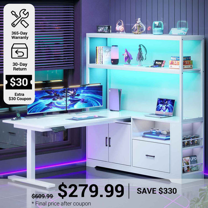 SEDETA® 48.6 Inch L Shaped Height Adjustable Electric Standing Desk Computer Gaming Desk with LED Lights Drawers Power Outlets