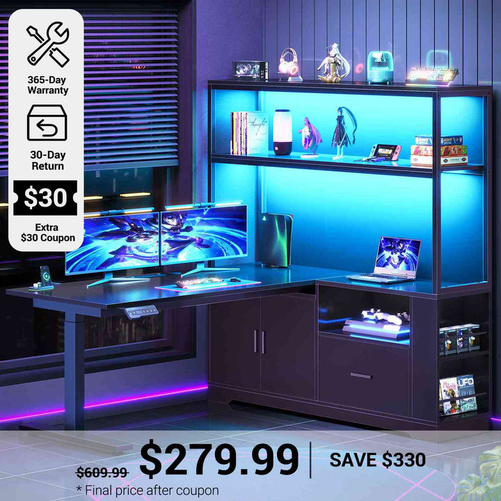 SEDETA® 48.6 Inch L Shaped Height Adjustable Electric Standing Desk Computer Gaming Desk with LED Lights Drawers Power Outlets