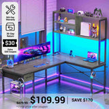 SEDETA® 51.2 Inch L Shaped Computer Desk Reversible Gaming Desk with LED Lights for Small Spaces with Drawer and Shelves