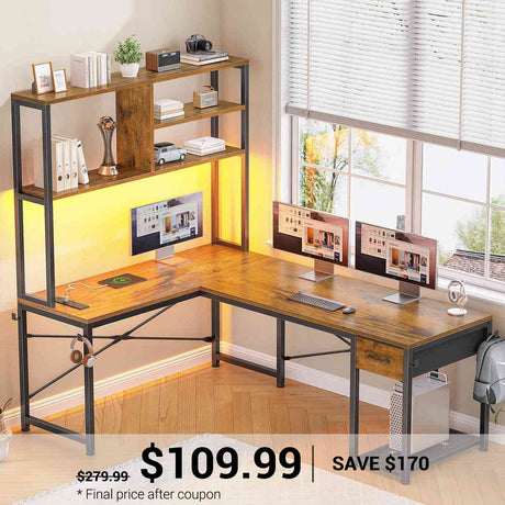 SEDETA | 51.2 Inch L Shaped Gaming Desk Small Computer Desk with Drawer LED Lights and Storage