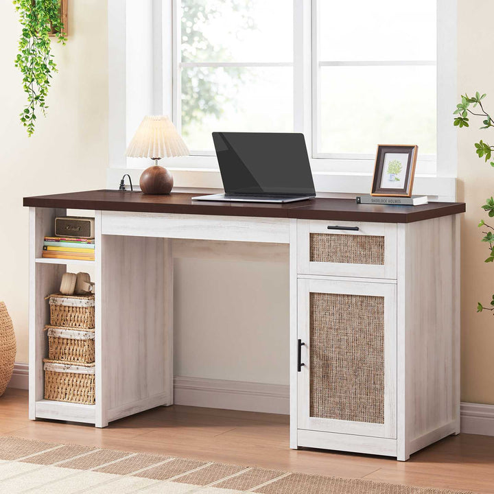 SEDETA 55.1 Inch Rattan Computer Desk with Drawers Farmhouse Office Desks with Power Outlets Storage Cabinet