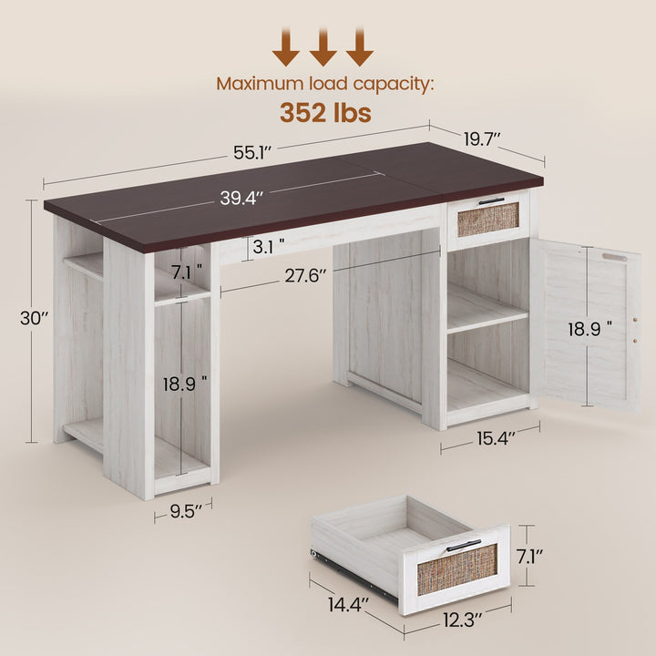 SEDETA 55.1 Inch Rattan Computer Desk with Drawers Farmhouse Office Desks with Power Outlets Storage Cabinet