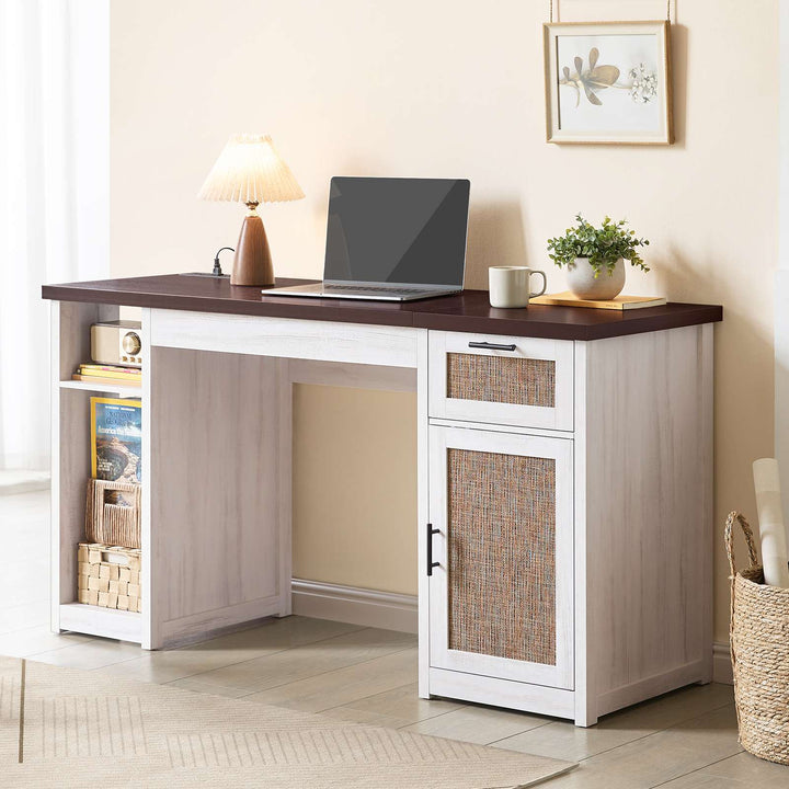 SEDETA 55.1 Inch Rattan Computer Desk with Drawers Farmhouse Office Desks with Power Outlets Storage Cabinet