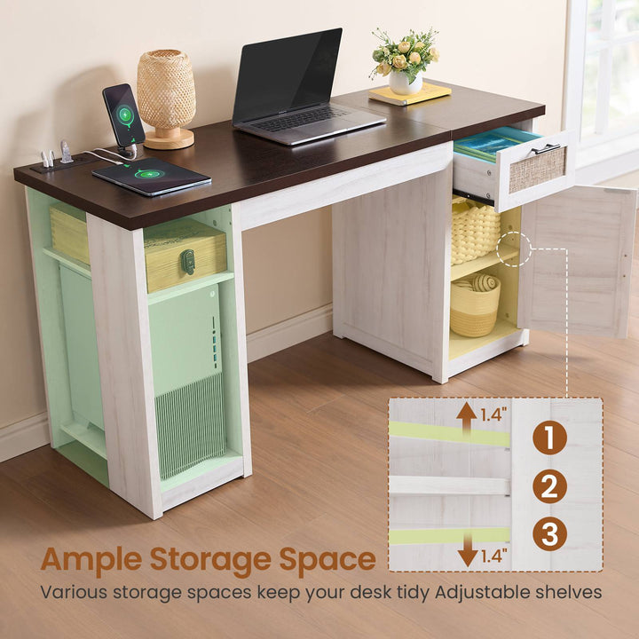 SEDETA 55.1 Inch Rattan Computer Desk with Drawers Farmhouse Office Desks with Power Outlets Storage Cabinet