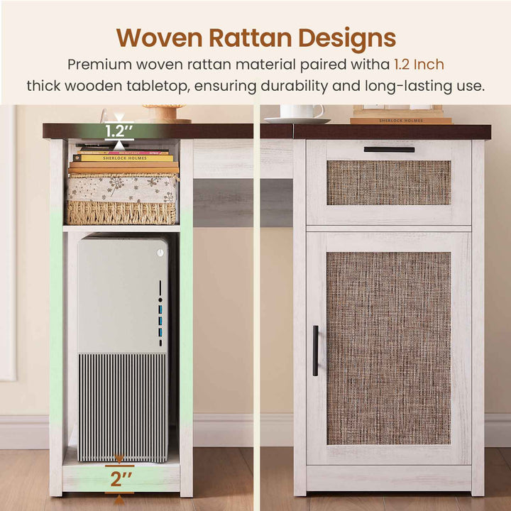 SEDETA 55.1 Inch Rattan Computer Desk with Drawers Farmhouse Office Desks with Power Outlets Storage Cabinet