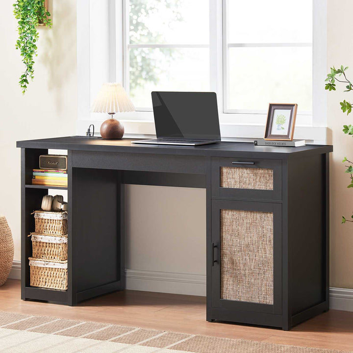 SEDETA 55.1 Inch Rattan Computer Desk with Drawers Farmhouse Office Desks with Power Outlets Storage Cabinet