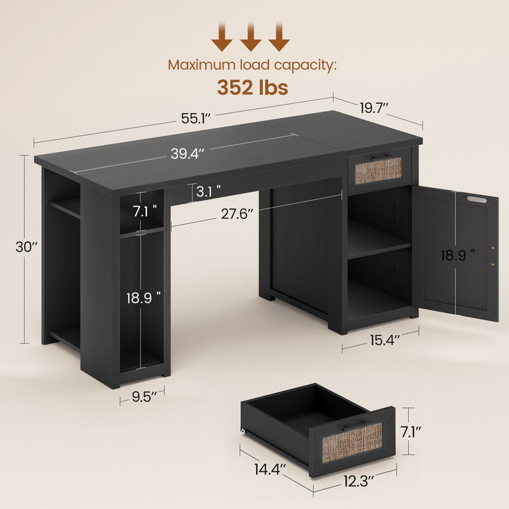 SEDETA 55.1 Inch Rattan Computer Desk with Drawers Farmhouse Office Desks with Power Outlets Storage Cabinet