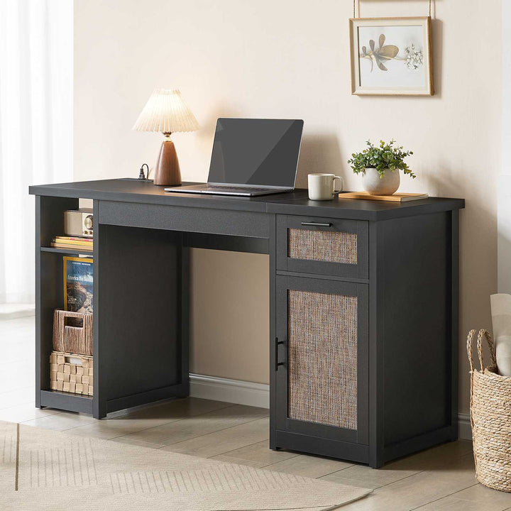 SEDETA 55.1 Inch Rattan Computer Desk with Drawers Farmhouse Office Desks with Power Outlets Storage Cabinet