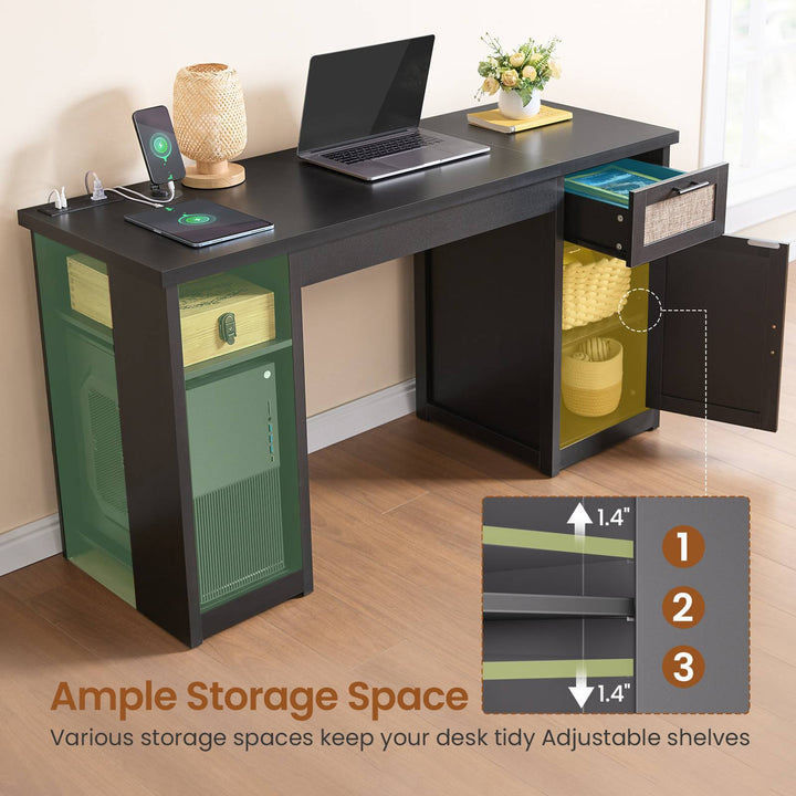 SEDETA 55.1 Inch Rattan Computer Desk with Drawers Farmhouse Office Desks with Power Outlets Storage Cabinet