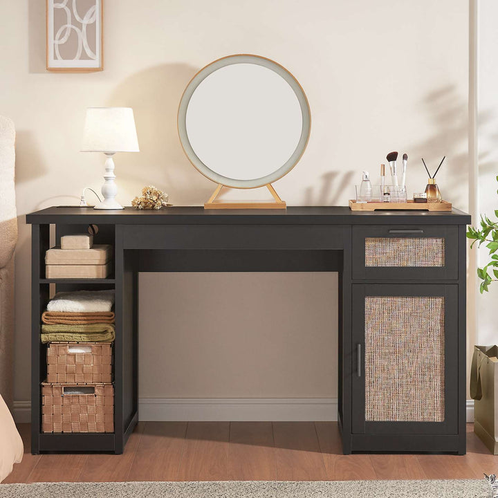 SEDETA 55.1 Inch Rattan Computer Desk with Drawers Farmhouse Office Desks with Power Outlets Storage Cabinet