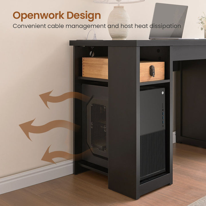 SEDETA 55.1 Inch Rattan Computer Desk with Drawers Farmhouse Office Desks with Power Outlets Storage Cabinet