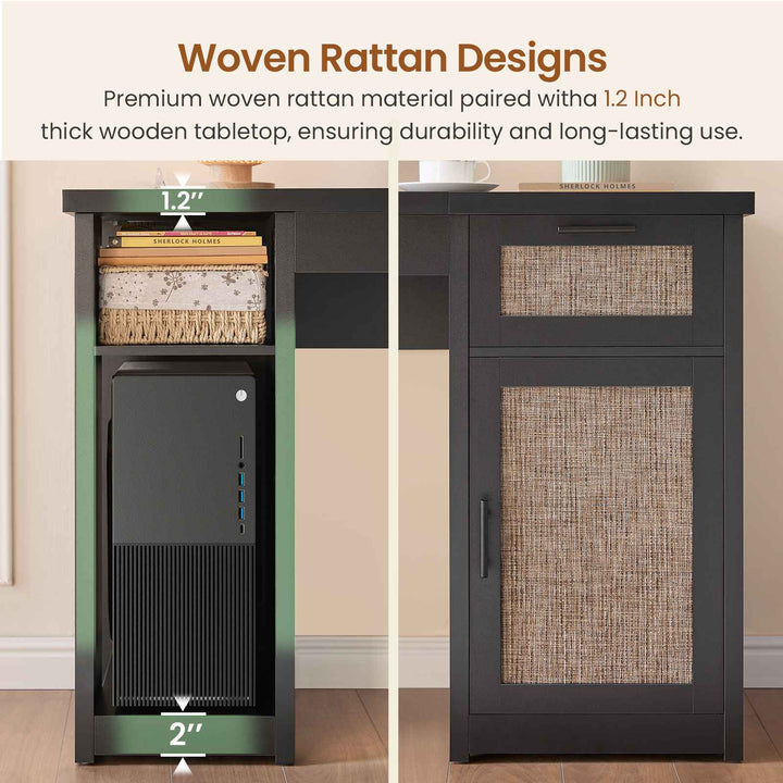 SEDETA 55.1 Inch Rattan Computer Desk with Drawers Farmhouse Office Desks with Power Outlets Storage Cabinet
