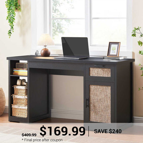 SEDETA | 55.1 Inch Farmhouse Wood Computer Desk Rattan Home Office Desk with Storage Cabinet and Power Outlets