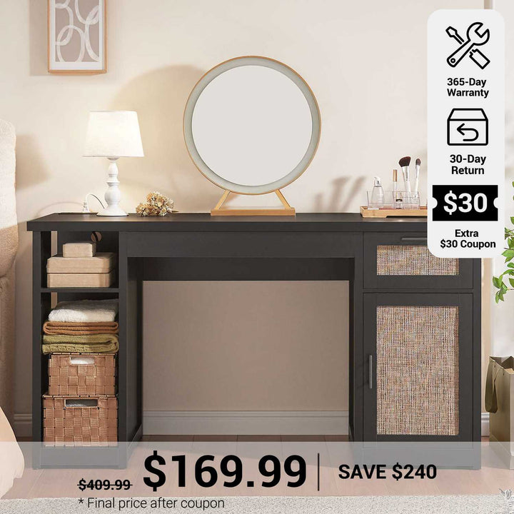 SEDETA® 55.1 Inch Rattan Farmhouse Computer Desk with Drawers Storage Cabinet and Power Outlets for Home Office