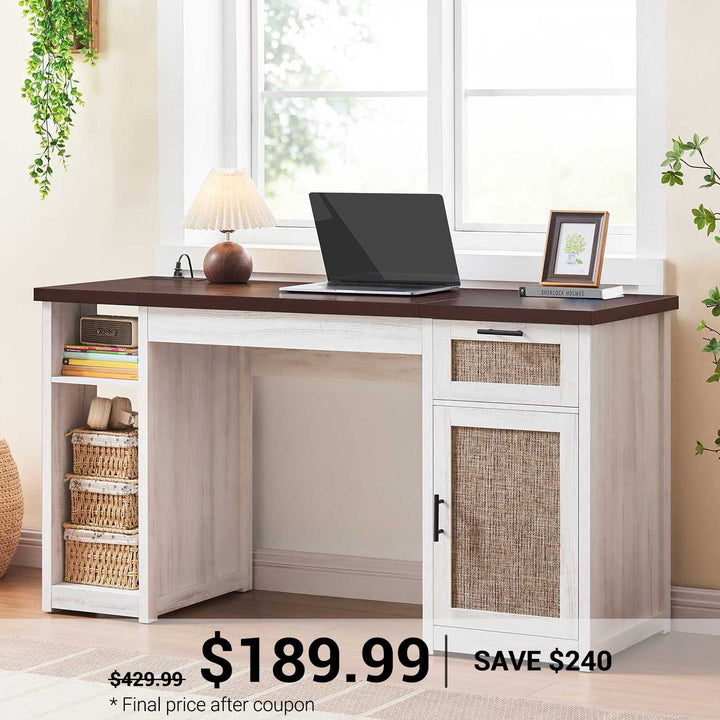 SEDETA 55.1 Inch Rattan Computer Desk with Drawers Farmhouse Office Desks with Power Outlets Storage Cabinet