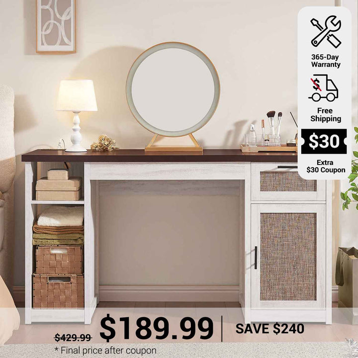 SEDETA 55.1 Inch Rattan Computer Desk with Drawers Farmhouse Office Desks with Power Outlets Storage Cabinet