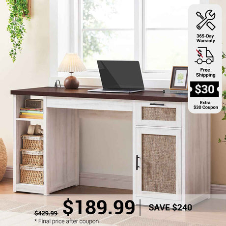 SEDETA 55.1 Inch Rattan Computer Desk with Drawers Farmhouse Office Desks with Power Outlets Storage Cabinet