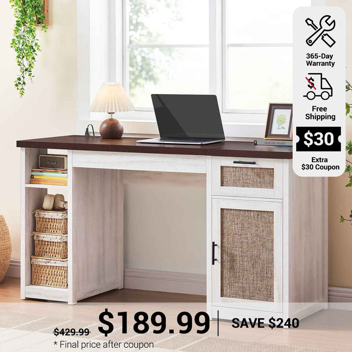 SEDETA 55.1 Inch Rattan Computer Desk with Drawers Farmhouse Office Desks with Power Outlets Storage Cabinet