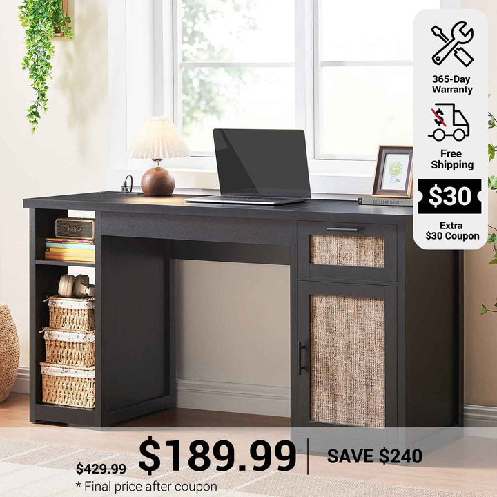 SEDETA 55.1 Inch Rattan Computer Desk with Drawers Farmhouse Office Desks with Power Outlets Storage Cabinet