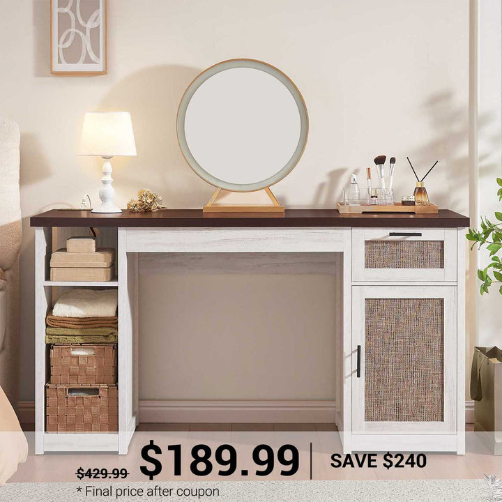 SEDETA 55.1 Inch Rattan Computer Desk with Drawers Farmhouse Office Desks with Power Outlets Storage Cabinet