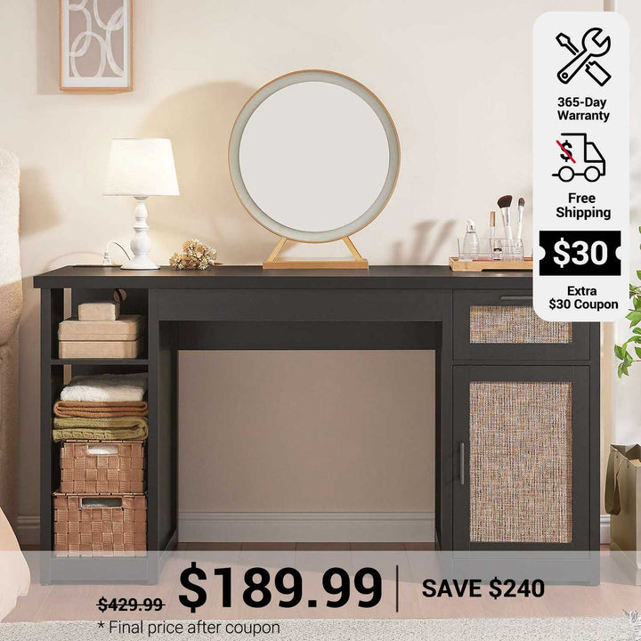 SEDETA 55.1 Inch Rattan Computer Desk with Drawers Farmhouse Office Desks with Power Outlets Storage Cabinet