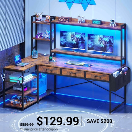 SEDETA | 55 Inch L Shaped Gaming Desk Reversible Corner Computer Desk with Drawers LED Lights and Power Outlets