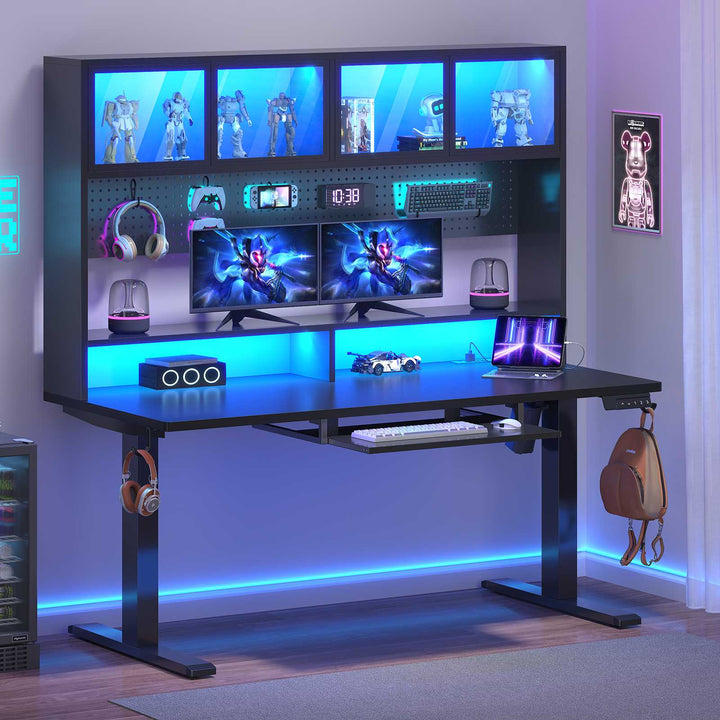 SEDETA 55 Inch Standing Desk Electric Height Adjustable Sit Stand Up Gaming Desk with Led Lights Power Outlet Storage Hutch and Pegboard