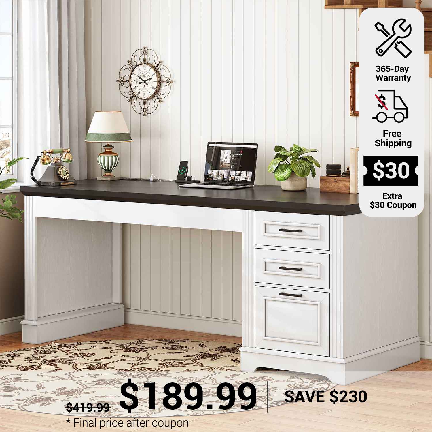 SEDETA 55 Inch Executive Desk Classical American Style Computer Desk w