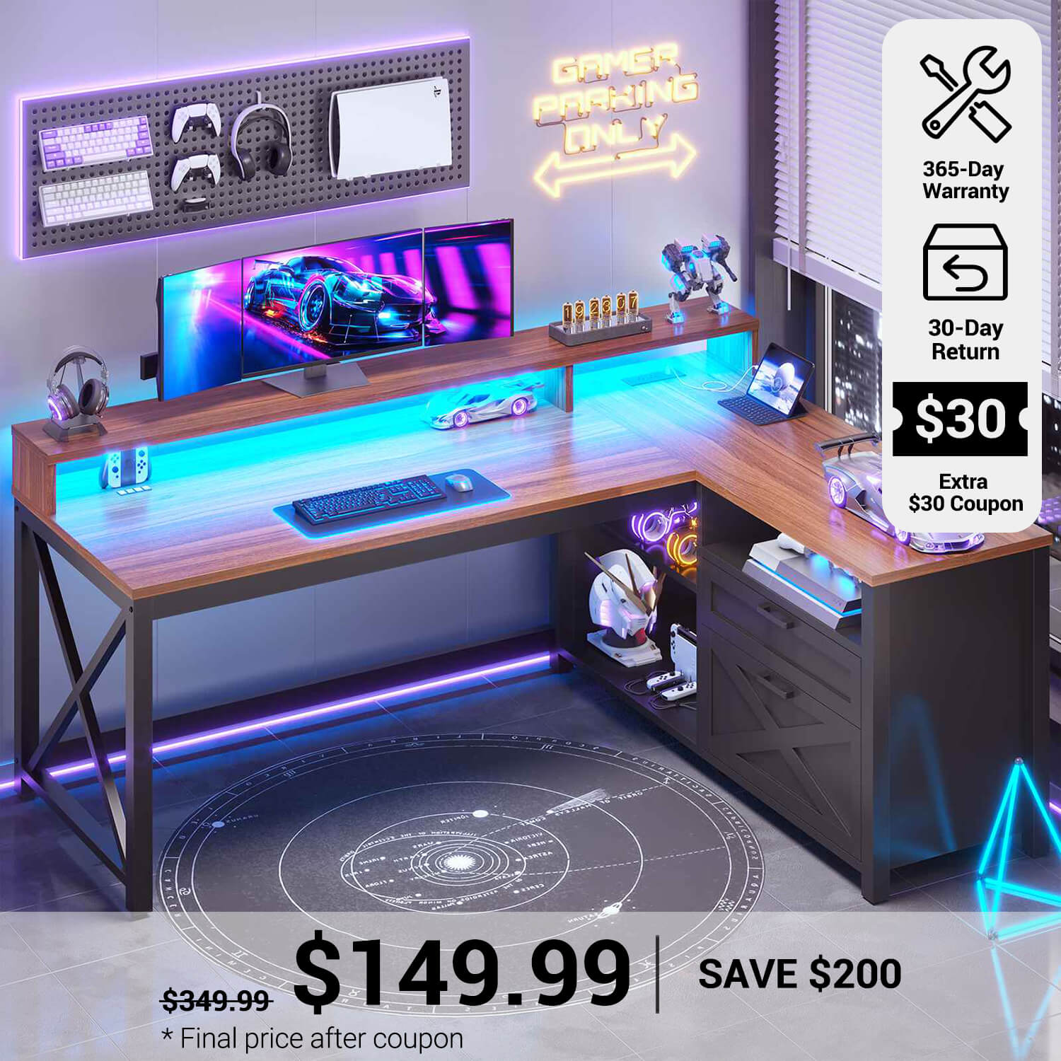 SEDETA® 55 Inch Farmhouse Computer Desk L Shaped Gaming Desk with Draw
