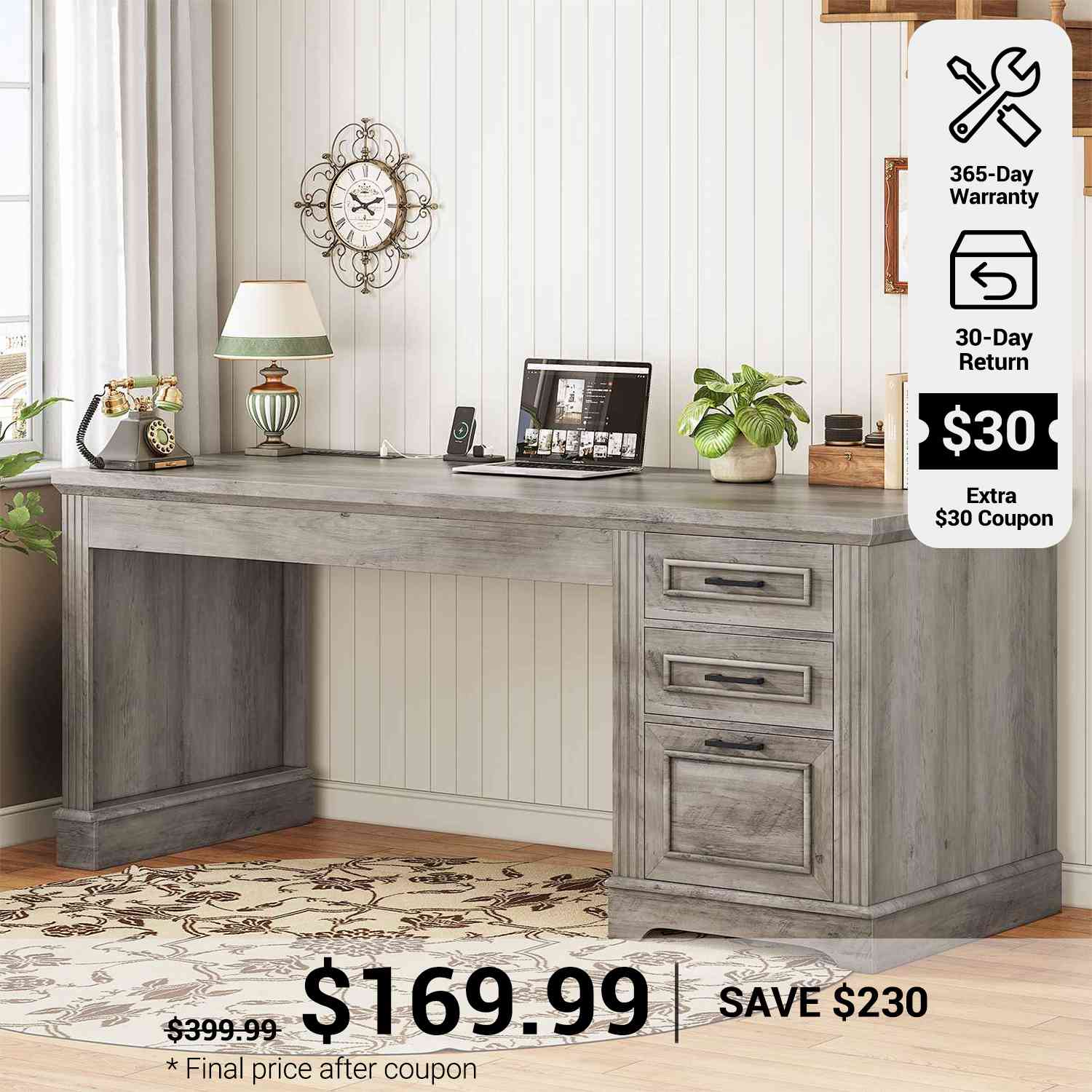 SEDETA® 55 Inch Farmhouse Executive Computer Desk Office Table with St